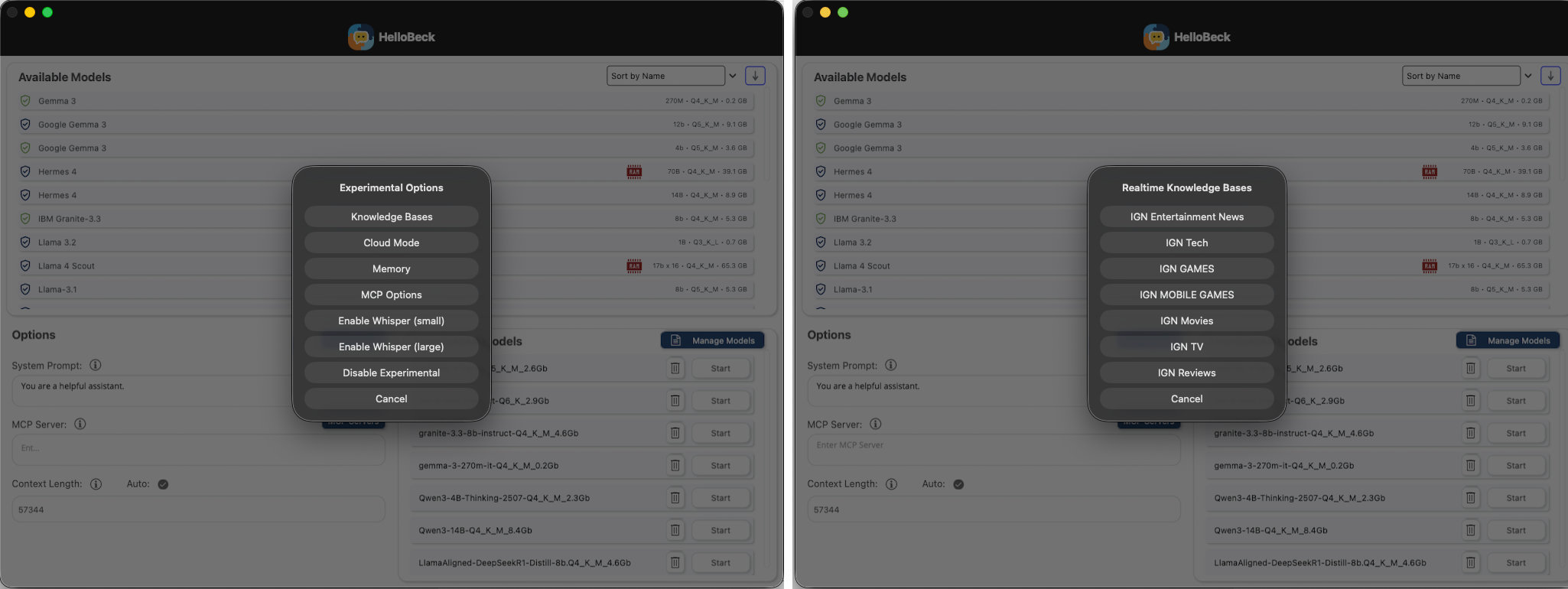 The Hello Beck experimental menu including MCP Server integration, memory and real time knowledge.