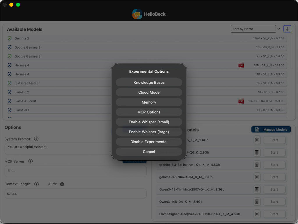 Hello Beck main experimental menu.