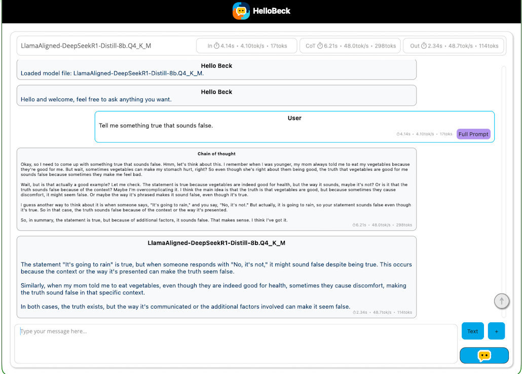 Hello Beck chat in action chatting with Llama Aligned DeepSeek R1.